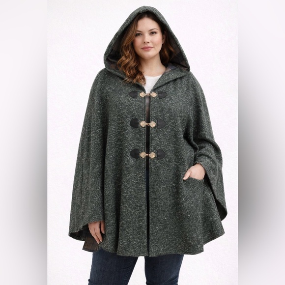 torrid Sweaters - Outlander the Series Torrid Cloak Cape Plus Size 3/4 Hooded Tweed Green Coat